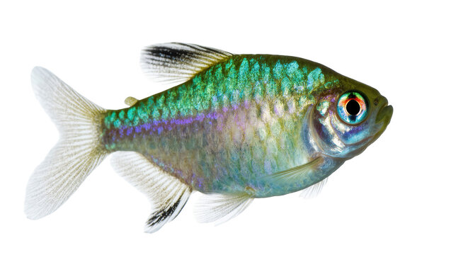 Beautiful iridescent freshwater fish with shimmering green and purple scales captured in detail