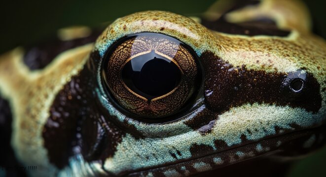 A close-up of a frog's face showcasing its large eye and textured skin