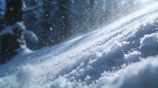 Powder snow being hit by clump, ejecting spray and settling while flakes drifting, for nature film