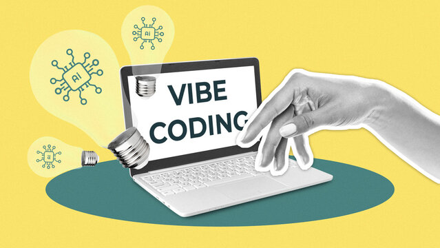 Hands engage with laptop displaying Vibe Coding on a colorful background with light bulbs