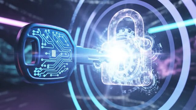 Futuristic 3D render of a key unlocking a digital padlock with cybernetic circuit key