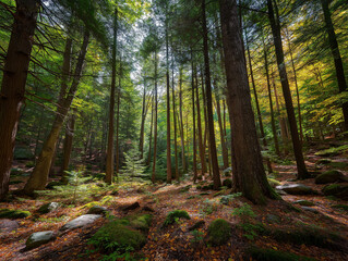 Obraz premium Autumn Forest with Mixed Green and Dry Leaves, Climate Change Concept, Soft Sunlight Nature Scene