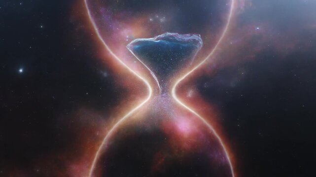 An hourglass figure with light streaks against a cosmic backdrop, flowing from top to bottom