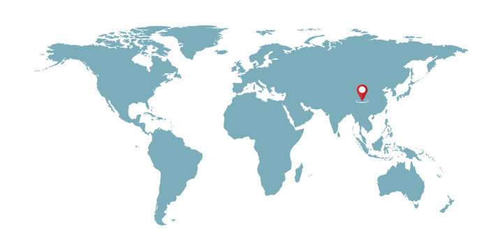 World map illustration with pinpointed on China.Gray modern vector map.