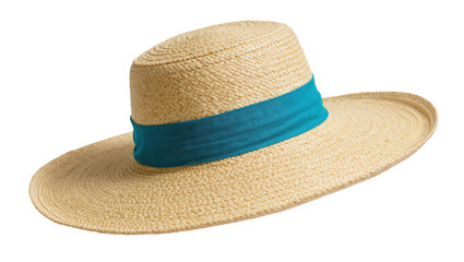 Elegant wide-brimmed straw sun hat with a stylish turquoise band for summer fashion © Isabel
