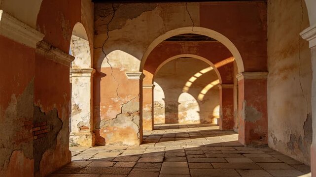 Dolly pushing, camera gliding through arches, shadow bands revealing wall decay for heritage study