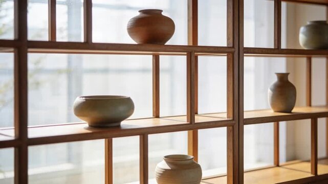 Sliding camera revealing wooden cubby shelving at home to show ceramic pots and diffused window