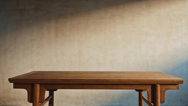 Shifting diagonal sunlight altering shadow under wooden table against concrete wall, showing time