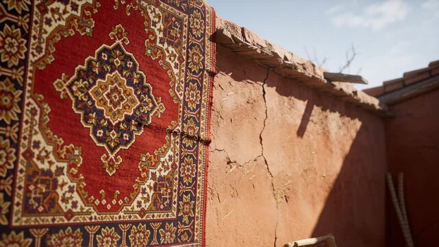 Camera pulling back from hung red rug, revealing sunlit adobe wall, shifting shadows, showing scene