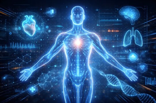 Digital human body with glowing organs and medical interface, futuristic healthcare and science concept