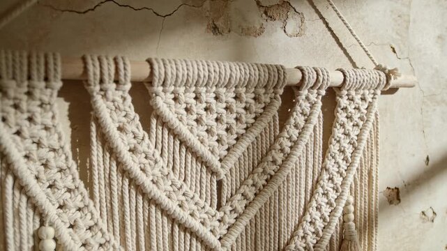 Camera panning revealing cream macrame on wooden rod on plaster wall, exposing beads knots sunlight