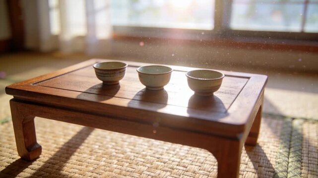 Shifting camera focusing on low wooden table on tatami, revealing three bowls to highlight sunbeams