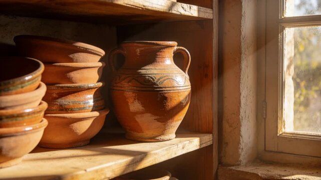 Streaming morning sunlight moving across wooden shelf at window, highlighting clay jug and bowls