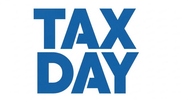 A bold blue vector graphic illustration of the words 'TAX DAY' in large block letters on a white background