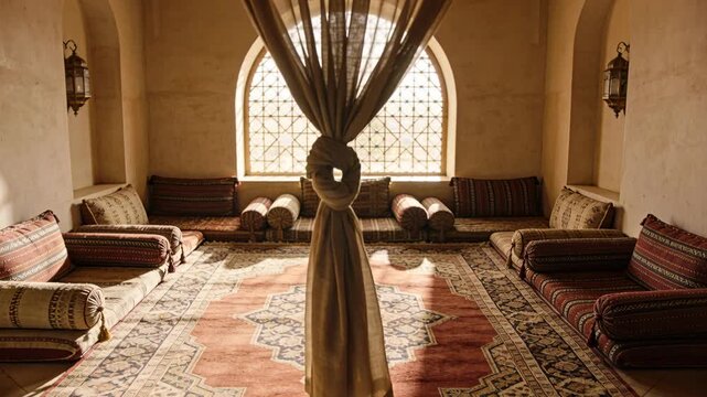 Shifting sunlight through arched window nudging knotted curtain in sitting room, moving rug shadows
