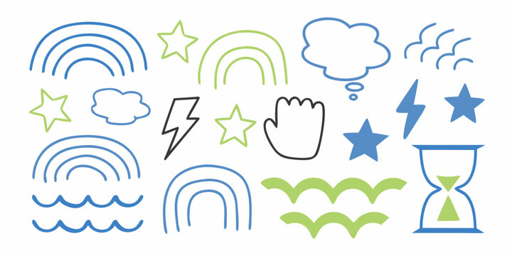 Colorful doodle set featuring rainbows stars clouds and various whimsical shapes