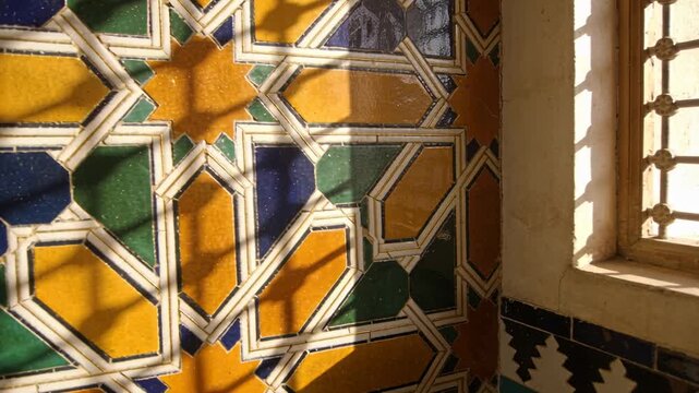 Glazed tile panel showing grout and sheen as sunlight shifting through lattice window for interior