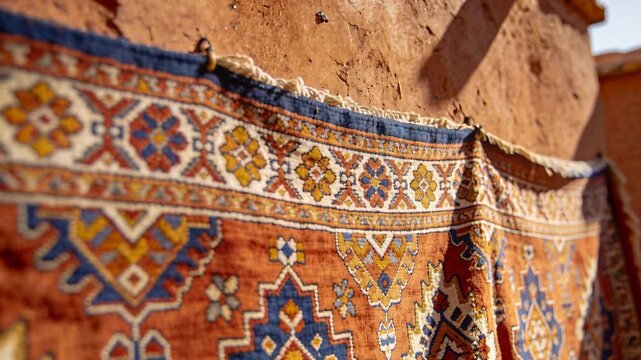 Vertical video: Camera panning right, shifting focus, woven rug revealing motifs, rope for textiles