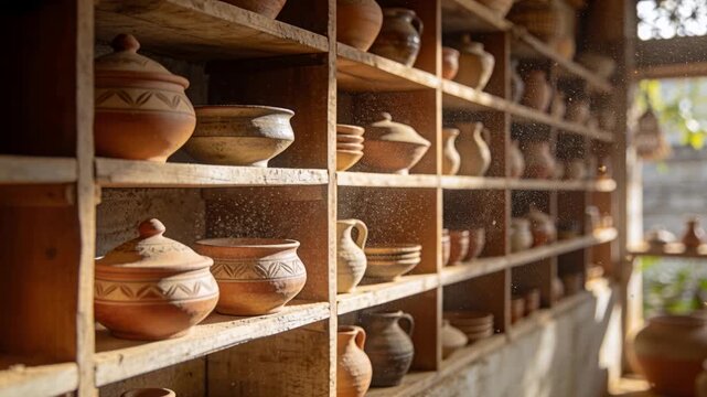 Pulling camera revealing terracotta lidded pots on wood shelving by window, sunbeams showing dust
