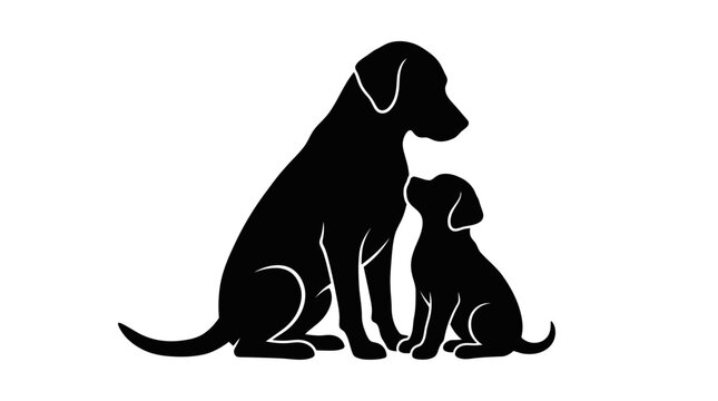 Black silhouette of a large adult dog sitting attentively beside a small puppy, vector illustration, symbolizing family.
