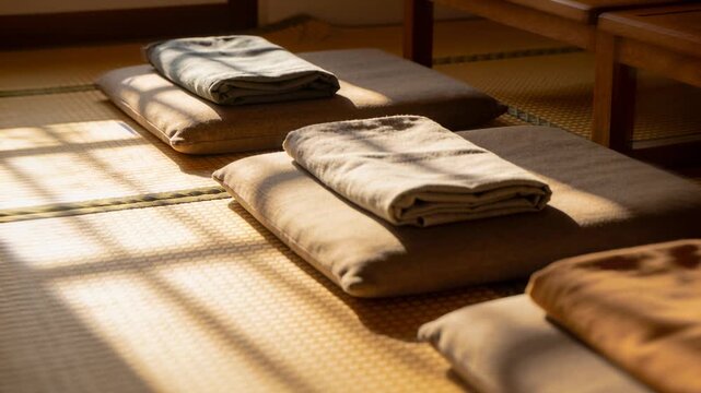 Streaming sunlight shifting across tatami, stacked zabuton cushions warming under shoji grid shadow