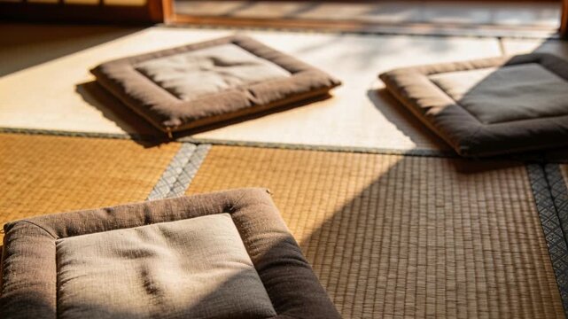 Tightening camera, focusing front brown zabuton on tatami as sunlight shifts across doorway