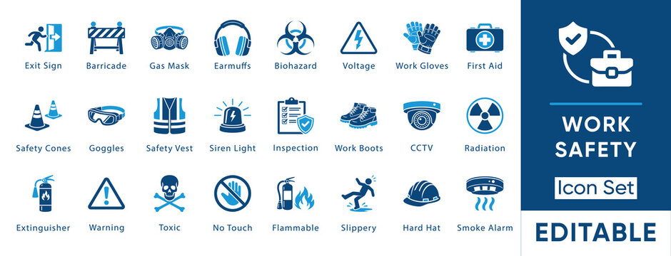 Work safety icon set. Containing hard hat, first aid kit, gas mask, emergency exit, biohazard, cctv, hazard and more. Solid vector icons collection.