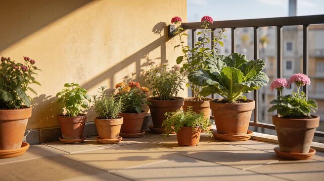 Revealing group clay pots as camera panning right, exposing more pots on urban balcony with saucers
