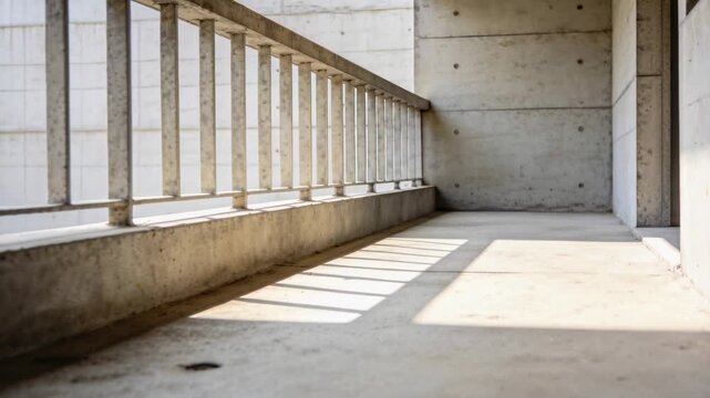 Sun moving and camera moving ahead revealing balcony railing and shadow bars for depth perception