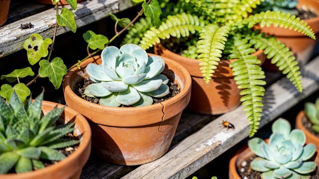 Camera tightening on central rosette succulent on patio shelf, emphasizing cracked pot and beetle