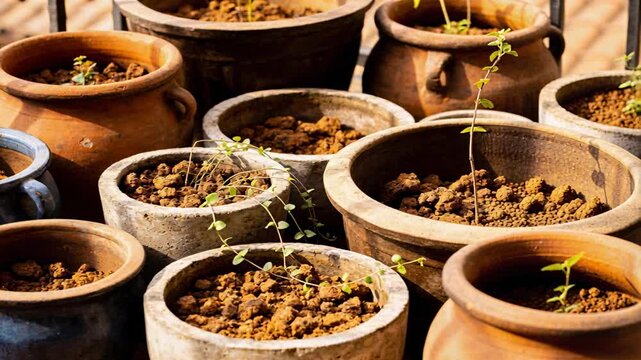 Clay and concrete pots shifting on balcony, camera moving to reveal soil and seedlings, gardening