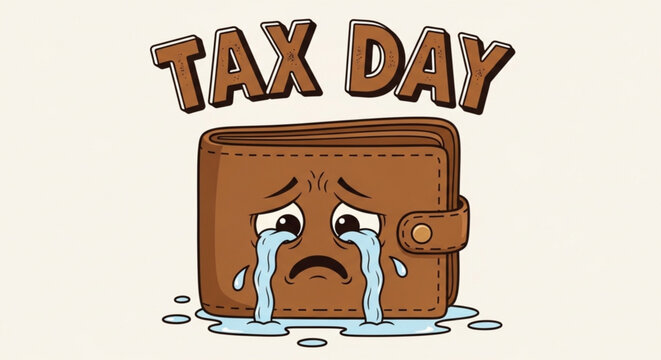A cartoon wallet with a sad face crying on Tax Day, symbolizing financial stress and burden.