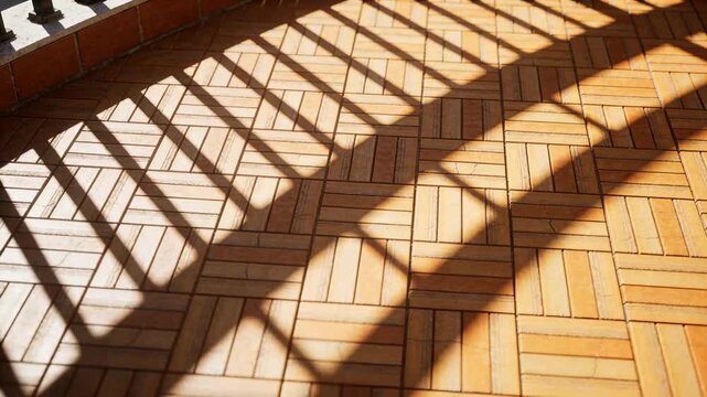 Railing shadows shifting across parquet floor from sunlight angle change, aiding architecture study