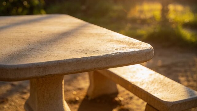 Panning camera down-right revealing round concrete picnic table top at park to show worn texture
