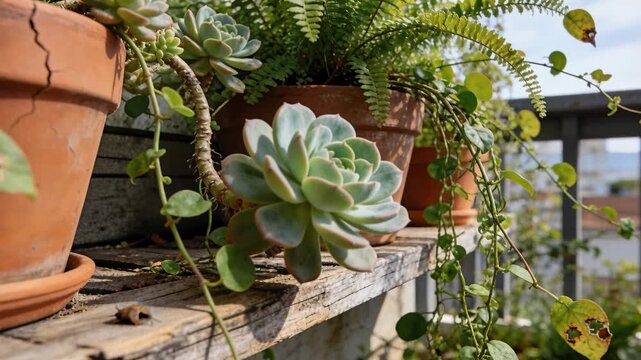 Camera tightening, centering rosette succulent, sharpening focus, sun casting cracked pot for decor