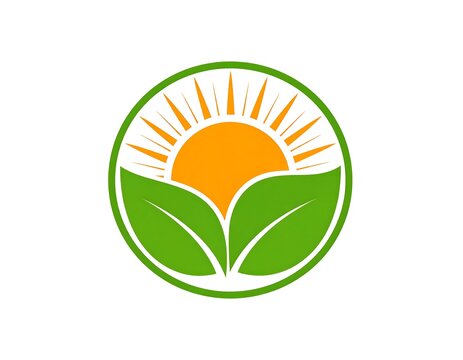 Circular logo, green leaves and a sun