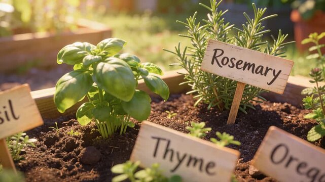 Sunlight drawing camera forward and right to highlight rosemary and wooden labels on raised planter