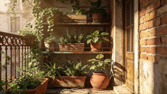 Moving camera revealing plant-filled balcony shelf on sunlit balcony, highlighting terracotta pots