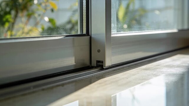 Sunlight shifting nudging sliding door along lower track at patio, revealing floor reflection