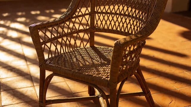 Camera closing on wicker chair on terracotta porch, sun sliding through slats revealing woven seat