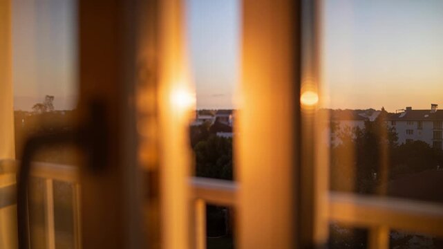 Glass balcony door and handle catching moving sunset light, creating sun glares for real estate