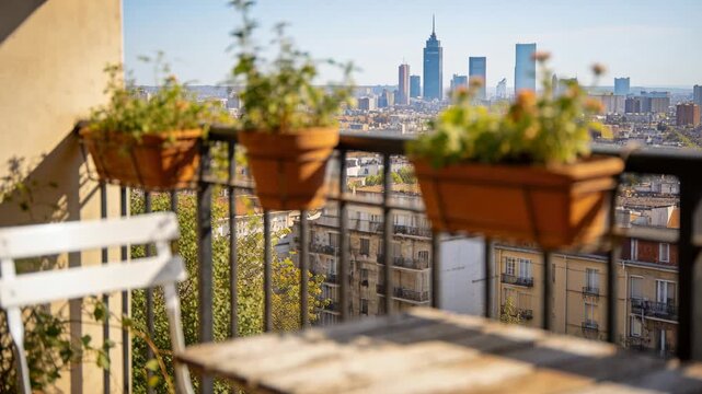 Panning camera refocusing revealing small balcony with chair wood table clay pots and city skyline