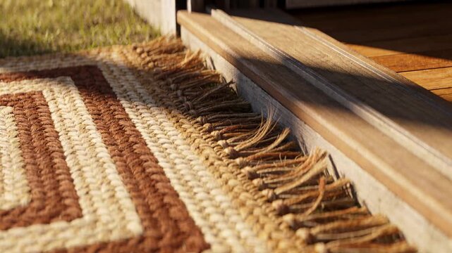 Moving camera revealing woven braided doormat at home doorway, showing threshold and sunlit fringe