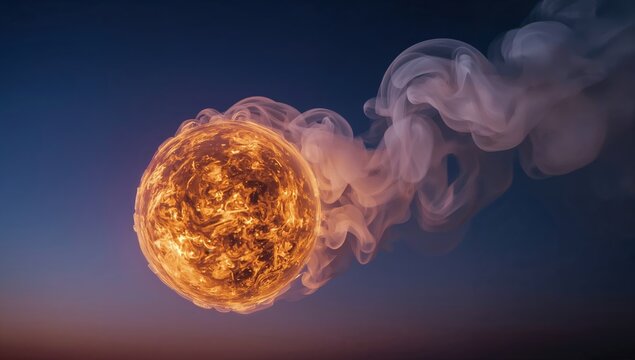 Glowing fireball with smoke trail against dark sky, fiery sphere, energy, heat, flame, dramatic atmospheric concept