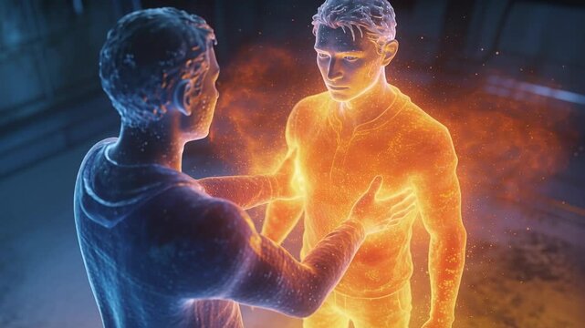Reaching blue hoodie figure sparking glow, sending energy into avatar chest in dim hall, healing