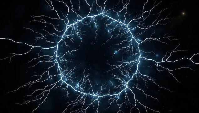 Circular lightning arc with blue electric bolts on dark background, energy discharge, abstract electricity pattern