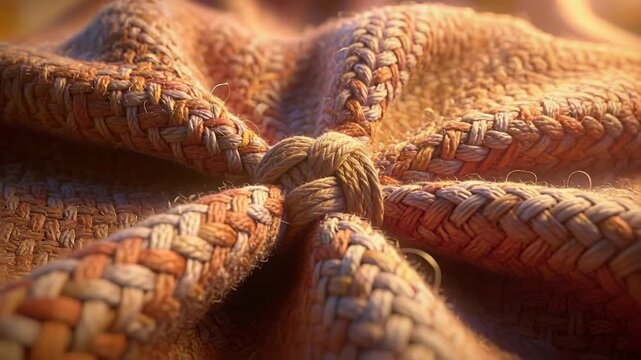 Pulling back camera revealing braided knot and woven base at table, warm light accenting texture