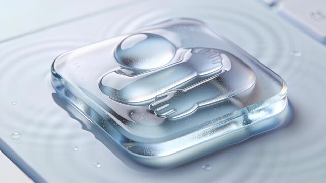 Pressing pixel cursor causing gel button with stylized figure wobbling on pale key pad, ripples