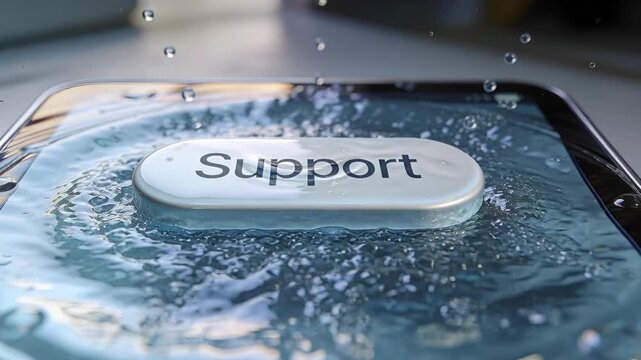 Reacting to droplet impact, pill-shaped white Support button bobbing on phone screen with ripples