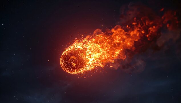 Blazing meteor fireball flying through space with fiery tail and glowing plasma against dark night sky